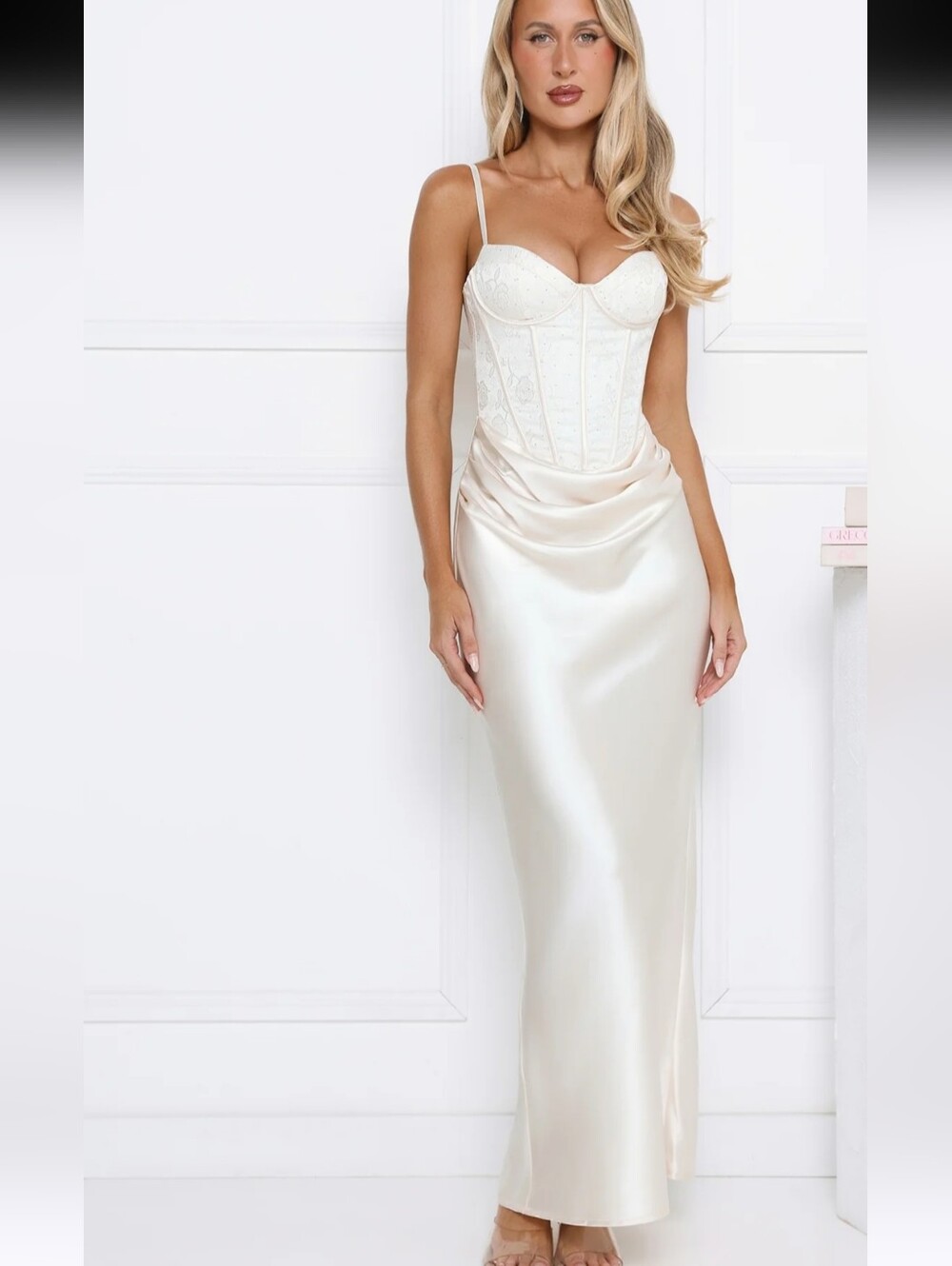 Dear Emilia By Hello Molly Shimmering Horizon Satin Maxi Dress Cream Size S - Picture 12 of 13